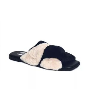 VHNY Hard Bottom House Slides Black Cream Fuzzy Faux Fur Slipper Sz 38, 39 BNWOB